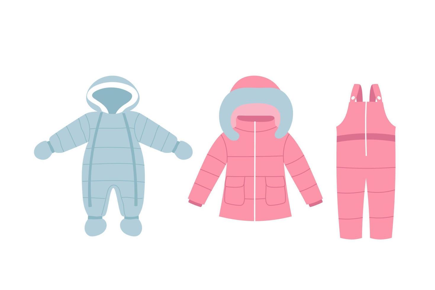 Set of winter coat and overalls for children. Warm clothes elements vector