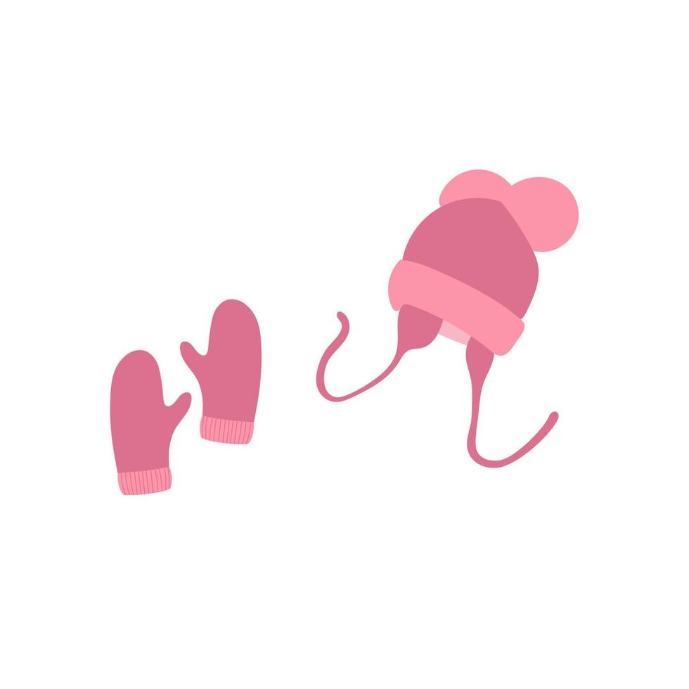 Pink winter hat and mittens for children. Knit wool hat with pompoms. vector