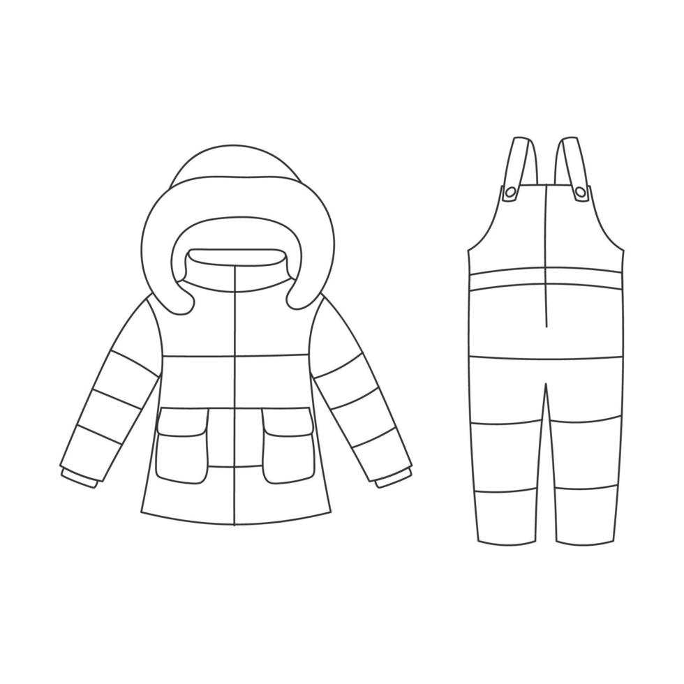 Line art winter coat and overalls for children. Warm clothes elements vector