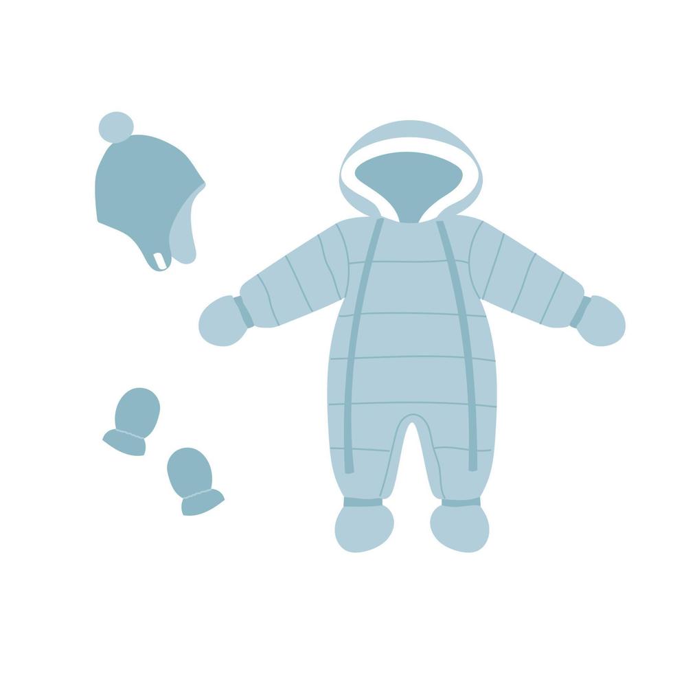 Winter blue baby overalls, mittens and hat. Flat style snow suit with hood. vector