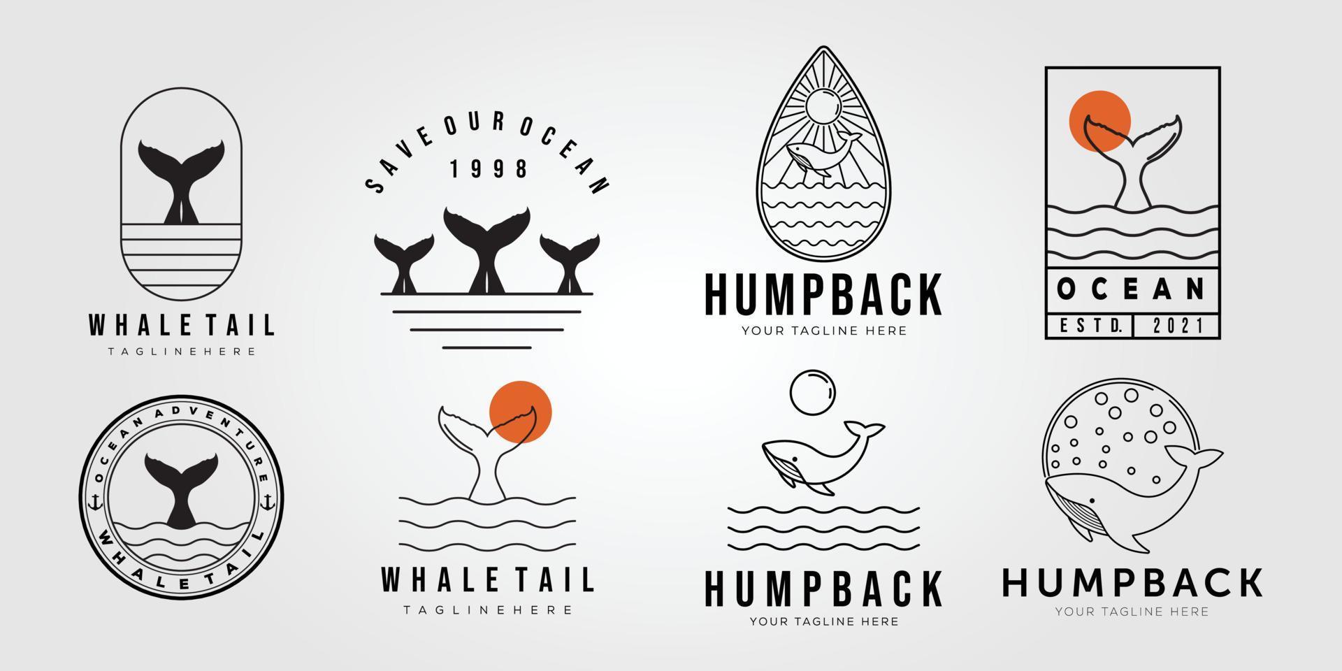 set of whale tail and collection of humpback on ocean logo vector illustration design