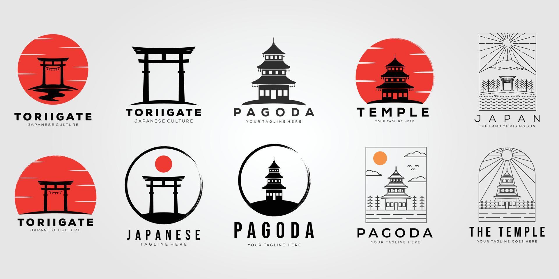 Conjunto de puerta torii o colección de diseño de ilustraciones vectoriales del logotipo del templo de Japón vector