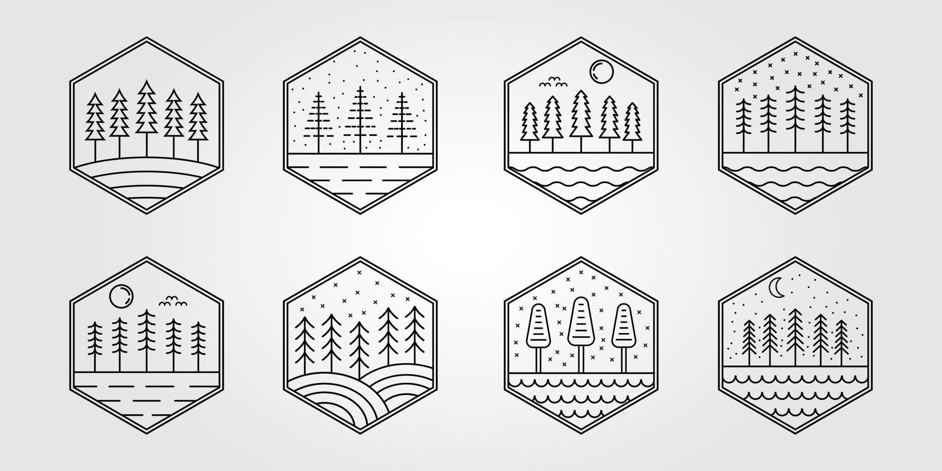 set of pine tree line art logo vector illustration design