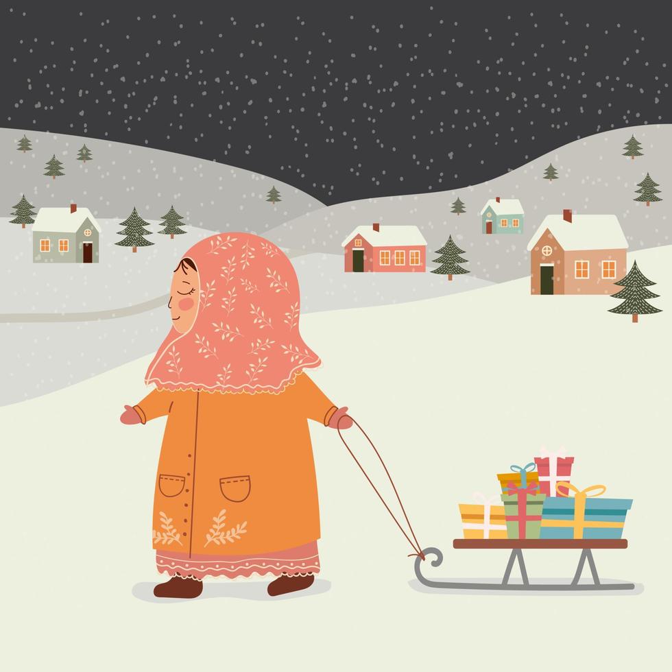 Cute little girl with sledges and gifts over the night city. Christmas and New Year concept. vector