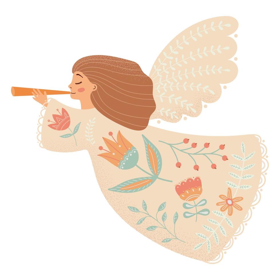 Beautiful christmas angel with a trumpet. vector