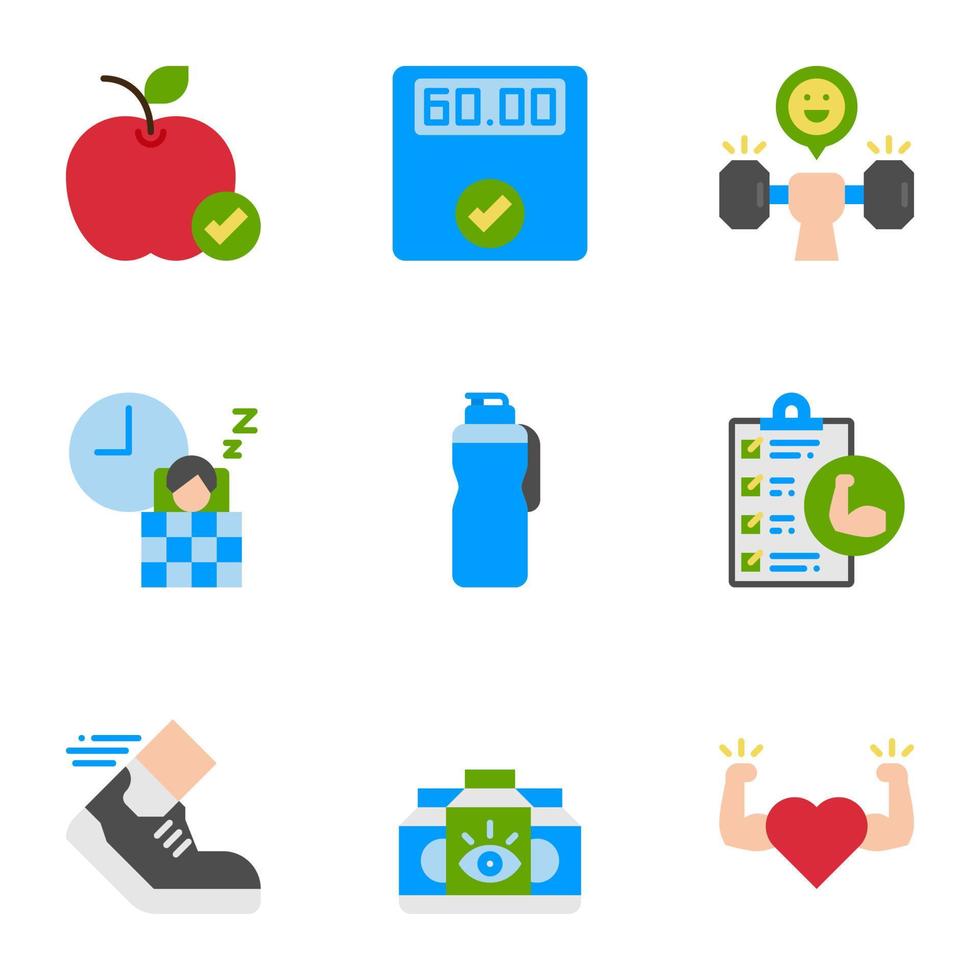 fitness y conjunto de iconos planos saludables. vector