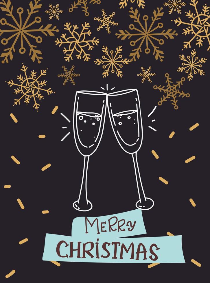 Tarjeta de felicitación de fiesta dibujada a mano con ilustración de vector de copas de champán. feliz navidad y próspero año nuevo perfecto para una tarjeta de navidad o una elegante invitación a una fiesta navideña.