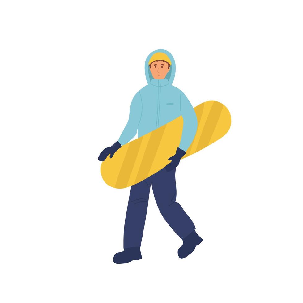 Vector cartoon snowboarder. the guy walks and holds the skateboard Cartoon . flat