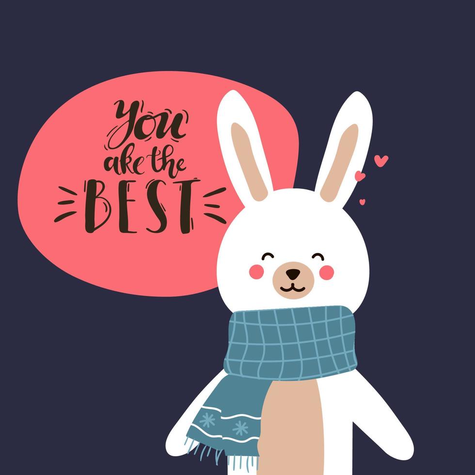 cute bunny illustration for apparel, other uses,in vector. funny rabbit. Hand drawn rabbit illustration with letterring you are the best. print for t-shirts cups, greeting cards. flat cartoon vector