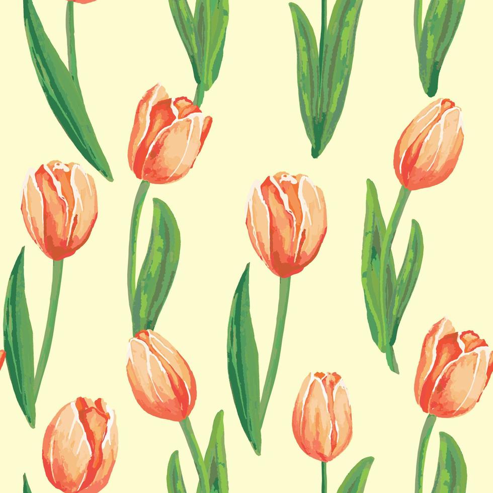 Red tulips on the yellow background. Watercolor seamless pattern with spring flowers. vector