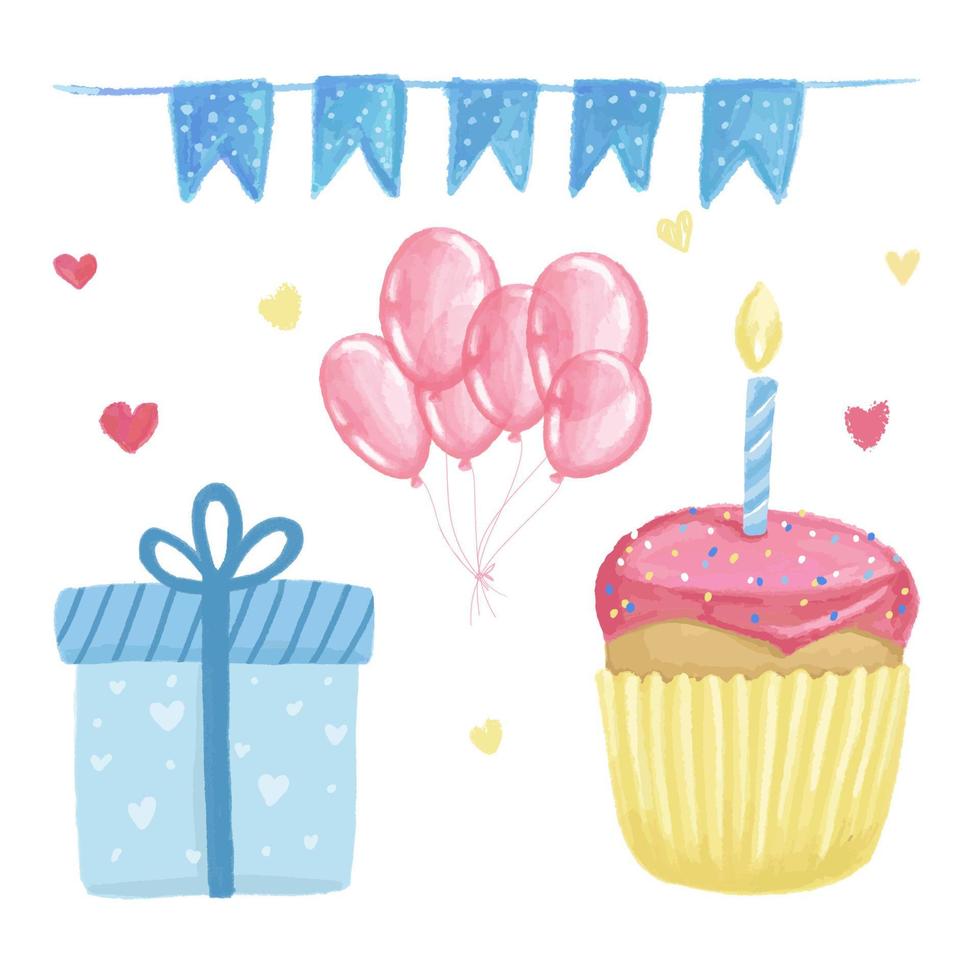 Los elementos de la fiesta de cumpleaños de acuarela establecen bolas de regalo de pastel, azul rosa sobre blanco vector