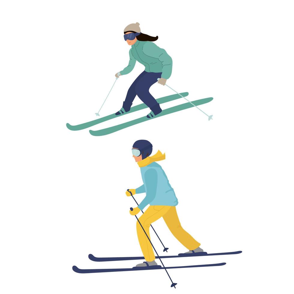 conjunto de esquiadores mujer joven o niña y niño montados en esquís en la nieve, invierno. ilustración vectorial plana en estilo de dibujos animados. deporte. vector