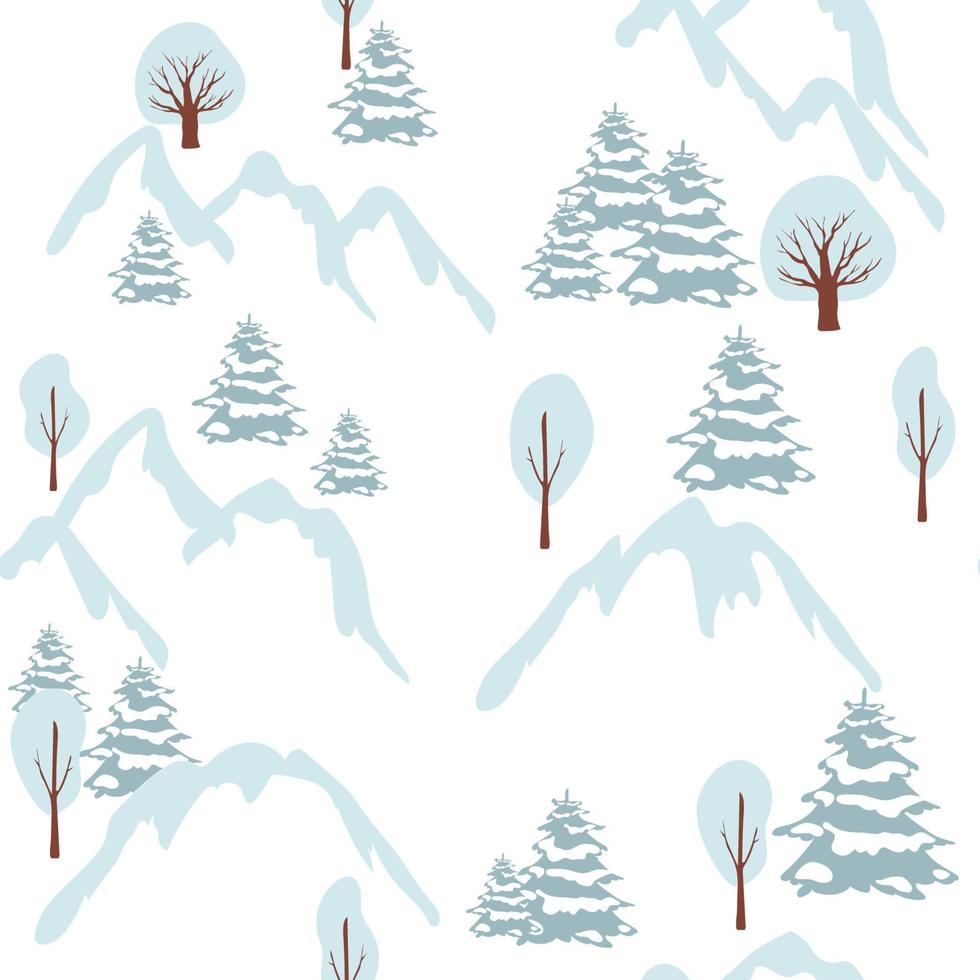 simple style seamless pattern. tree, mountains pines. Christmas pattern with tree. winter forest landscape. hand drawing vector. flat cartoon illustration. for kids textile, wrapping paper, wallpaper vector