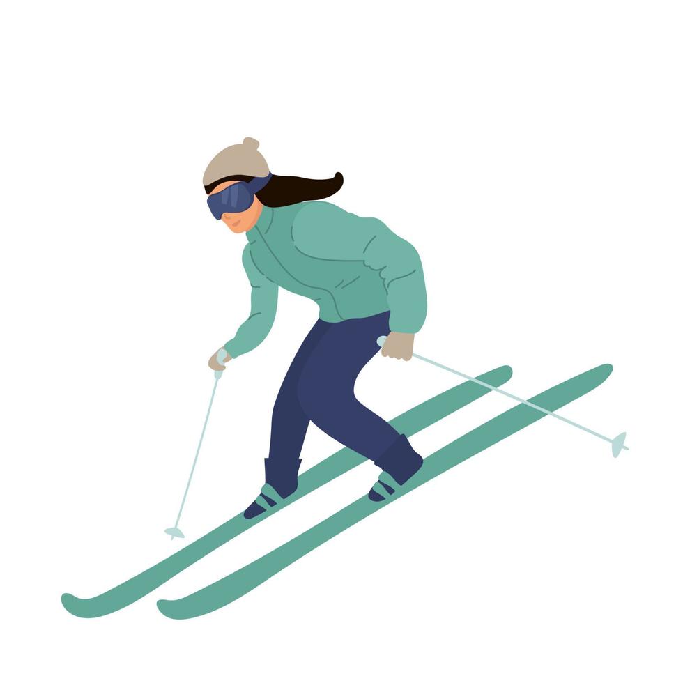 mujer joven o niña montando esquís en la nieve, invierno. ilustración vectorial plana en estilo de dibujos animados. deporte. vector