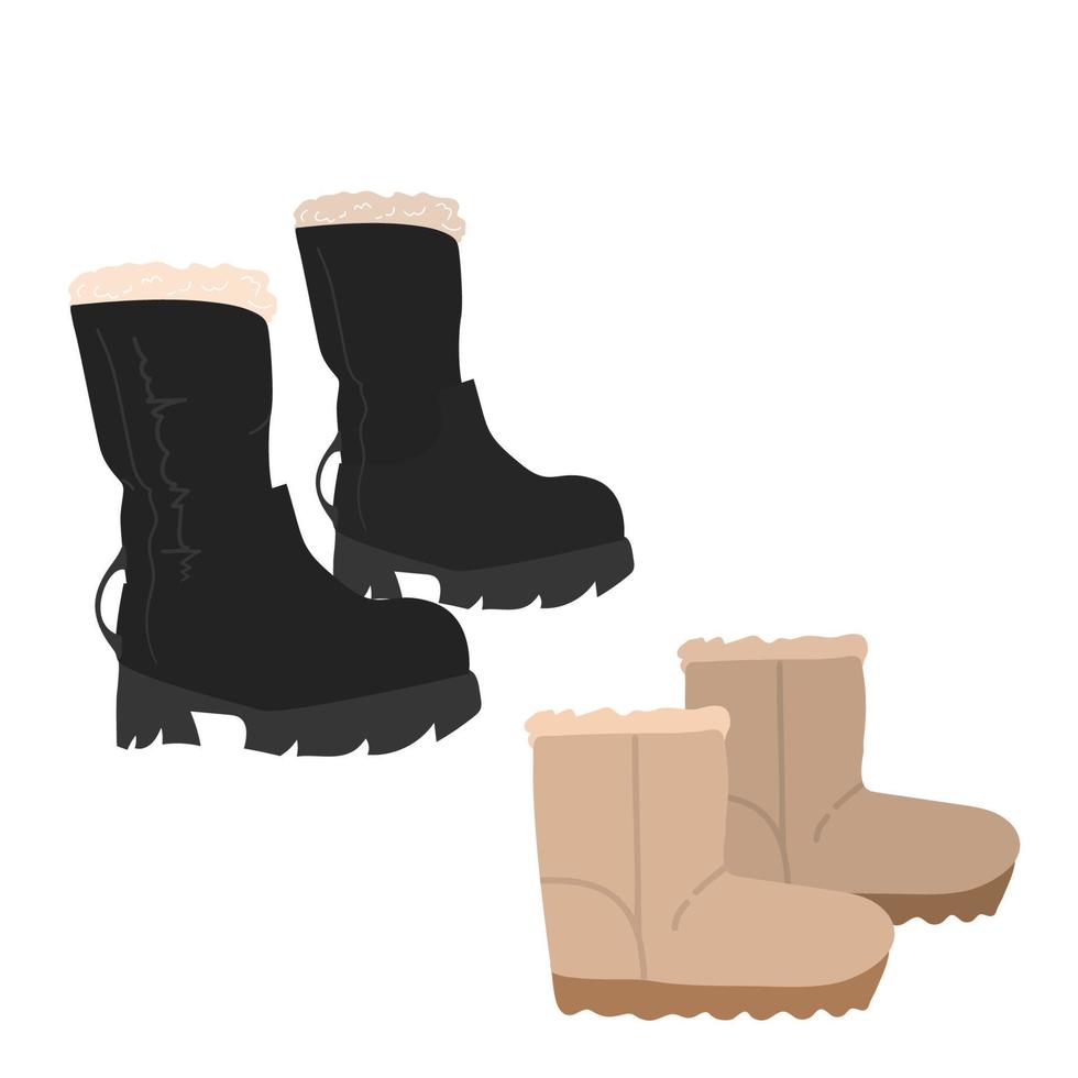 calzado. Conjunto de zapatos, botas altas, botas de ilustración vectorial sobre un fondo blanco negro, botas de invierno, negro y beige, vector