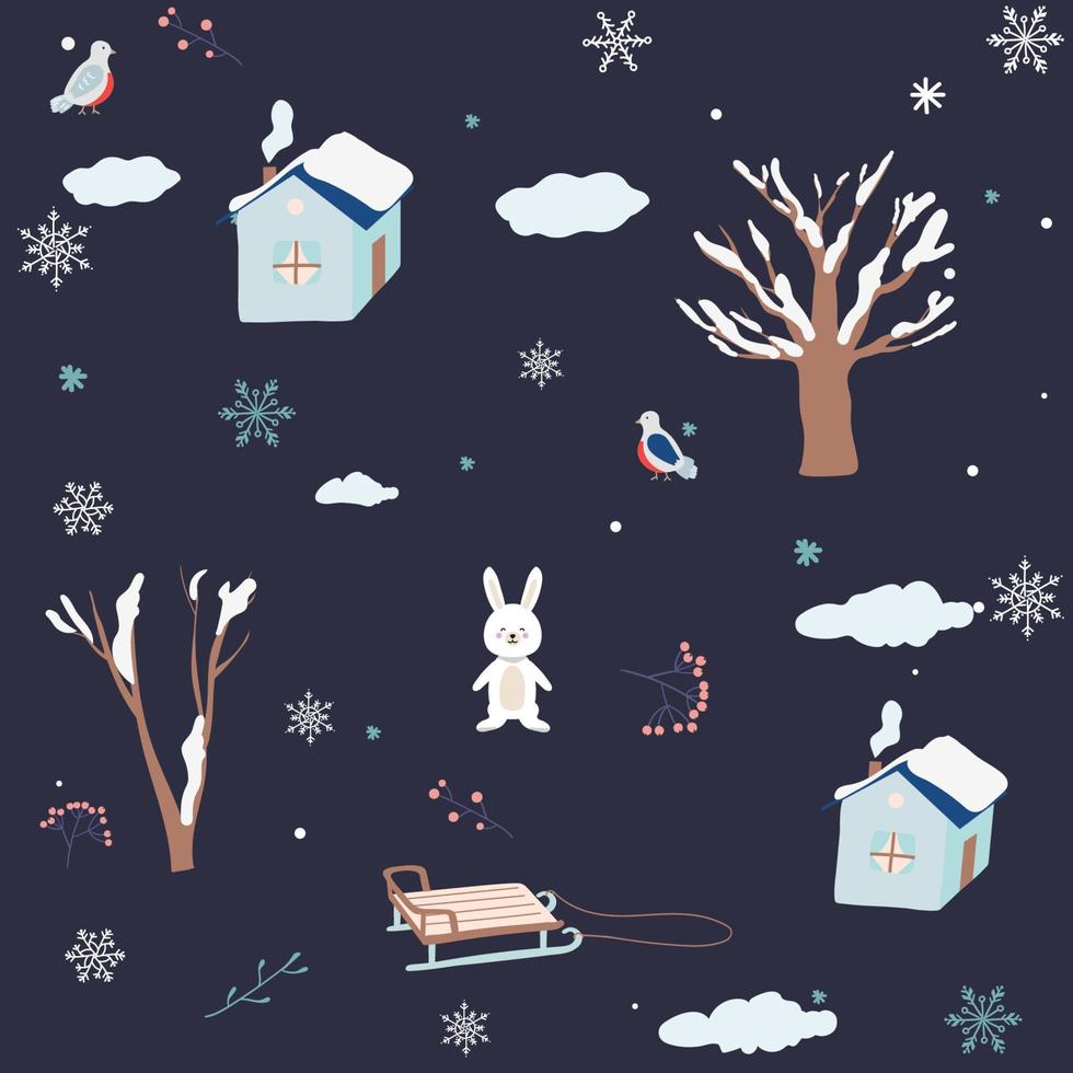 Scandinavian geometric seamless pattern with cute bunny, trees, houses. flat cartoon winter illustration. Forest for kids textile, wrapping paper, wall wallpaper, wrapping paper, textile print. vector