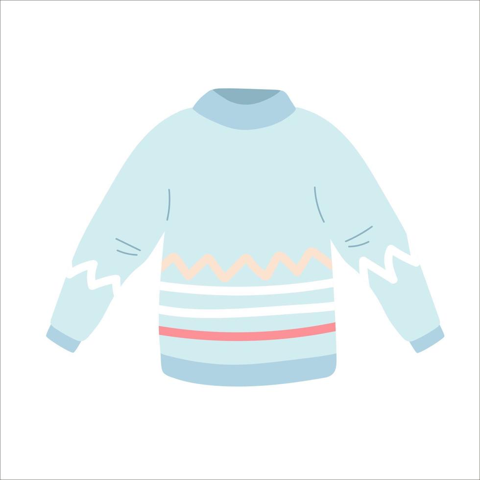 Ilustración de animados de vector plano de un cálido suéter azul o un jersey con largas. Dibujo a mano. Ropa de abrigo tejida para mujer sobre fondo 4866647