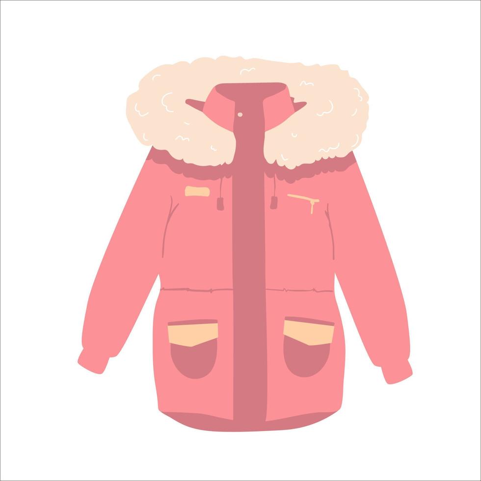 red winter zipped down jacket isolated vector on the white background. parka with fur. hand drawing flat