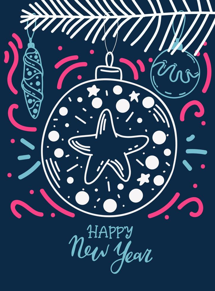 Vector christmas party invitation with doodle toys. Holiday background and design banner or greeting card. Vector template with hand drawn xmas graphic.