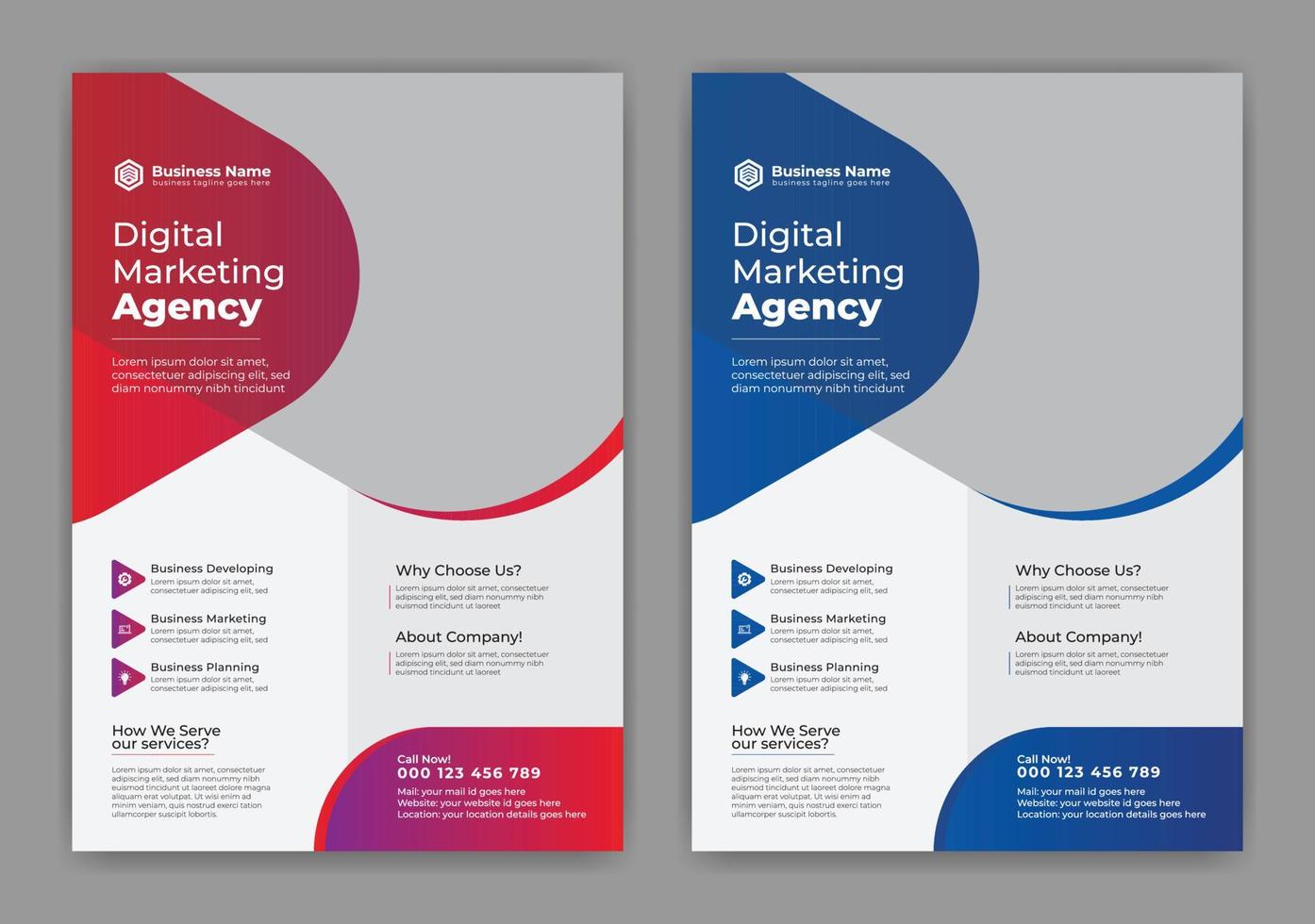 Red and Blue Color Modern, Creative, Eye Catching and Professional Corporate and Business Flyer Template Design 2 with Triangle and Circle Layout Vector