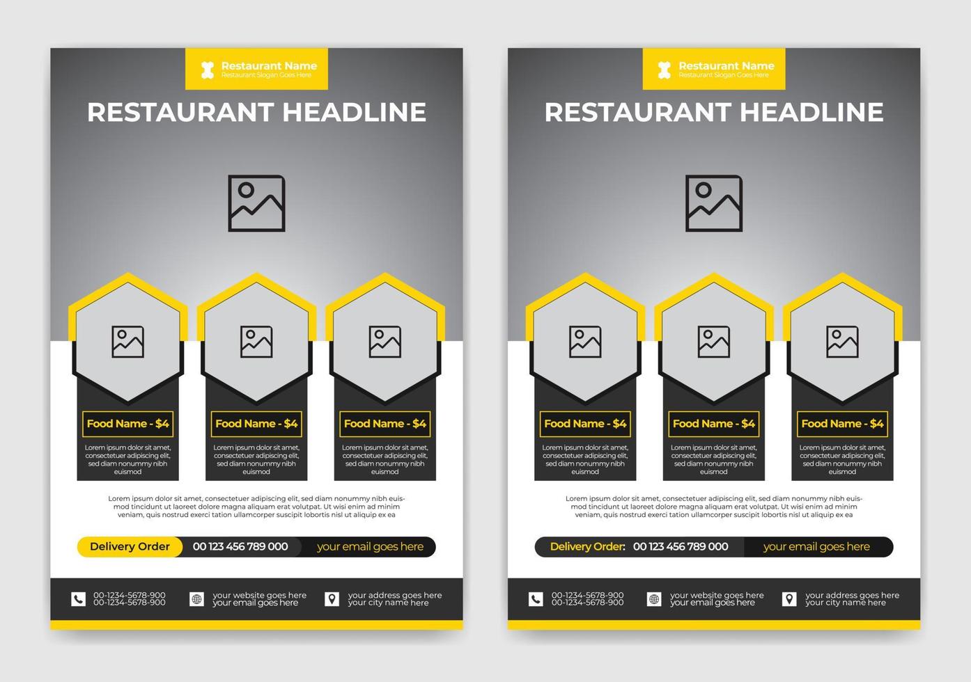Black and Orange Color Eye catching, Modern and Professional Restaurant Food flyer Template Design 1 with Hexagon, Rectangle layout vector