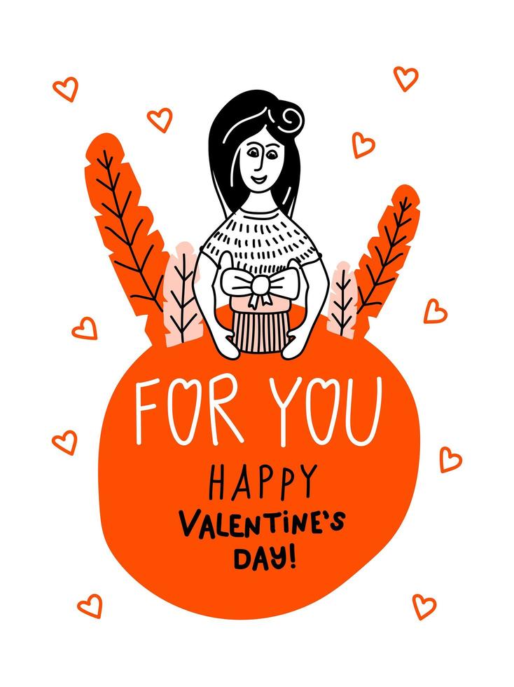 Unwrapping pleasant surprise. A young girl holding a gift. Doodle Card with Lettering For You and Happy Valentines Day. Love poster and postcard. Hand drawn line art vector illustration