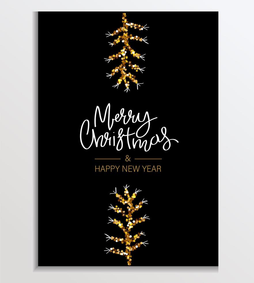 Gold Glitter card with spruce branch. Lettering Merry Christmas and Happy New Year. Glittery Background, Greeting or corporate card, poster, holiday cover. Glittering vector illustration