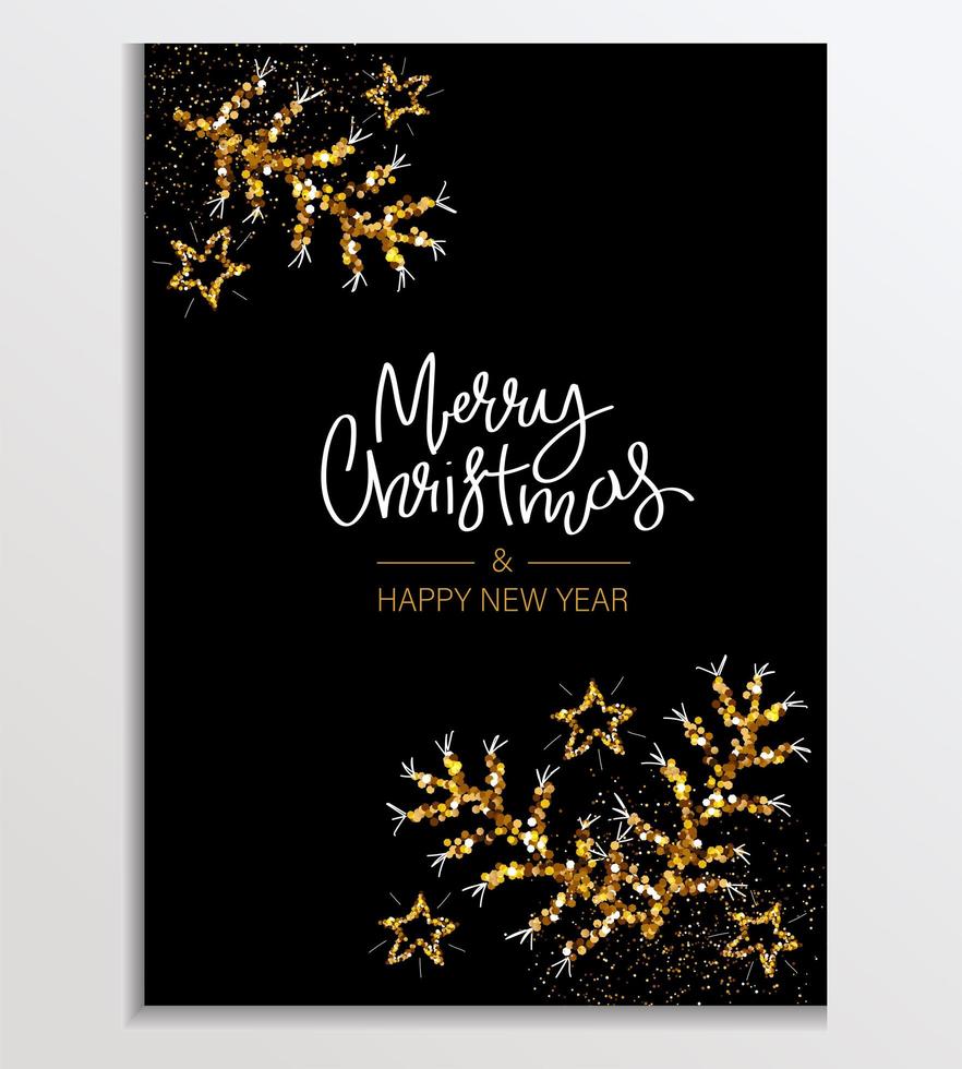 Gold Glitter card with spruce branch and confetti. Lettering Merry Christmas and Happy New Year. Glittery Background, Greeting or corporate card, poster, holiday cover. Glittering vector illustration