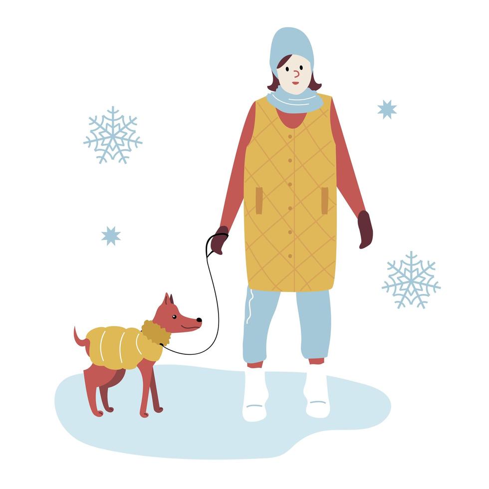 mujer en un paseo de invierno en ropa de abrigo de moda paseando al perro. chica en ropa de abrigo de invierno entre copos de nieve en el parque junto con la mascota. ilustración vectorial en plano para cartel, tarjeta, sitio web, banner vector