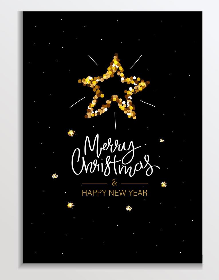 Gold Glitter card with decoration star. Lettering Merry Christmas and Happy New Year. Glittery Background, Greeting or corporate card, poster, holiday cover. Glittering vector illustration