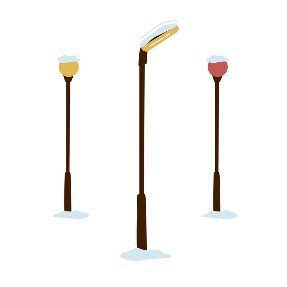 Set of street lamps. Lighting in the winter park. Vector illustration in flat style isolated on white background