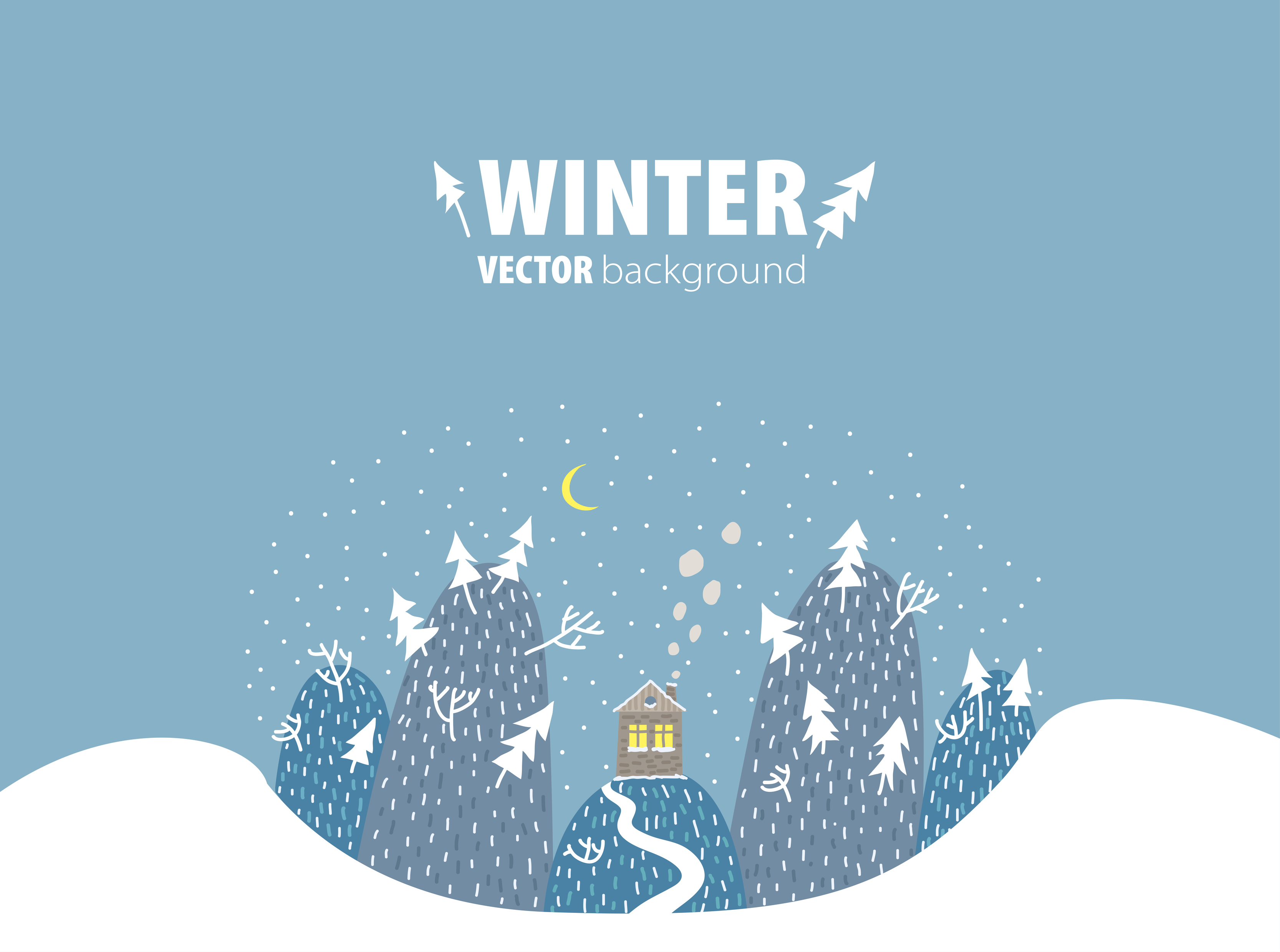 Background for Winter design with place for text. Mountain Landscape in  Winter-time with a little house and a road, snow is falling and the moon is  shining. Vector hand drown cartoon illustration