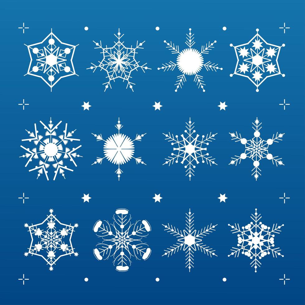 Set white snowflake on a blue background. Decor for Christmas and New Year design of cards, banners, websites, icons, events. Elegant geometric vector linear illustration.