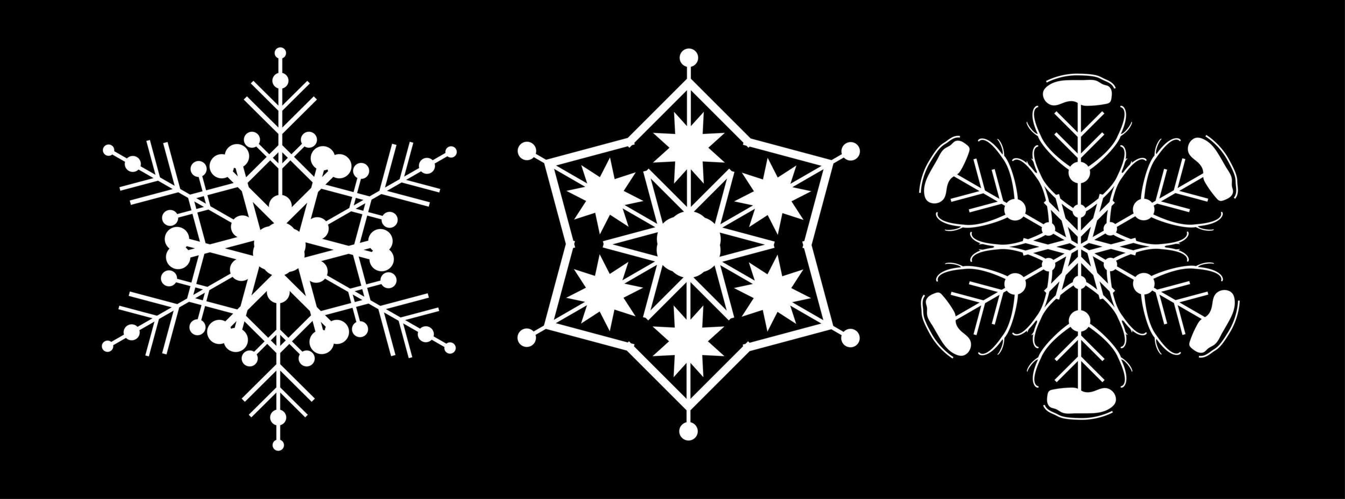 Set white snowflake on a black background. Decor for Christmas and New Year design of cards, banners, websites, icons. Elegant geometric vector linear illustration.