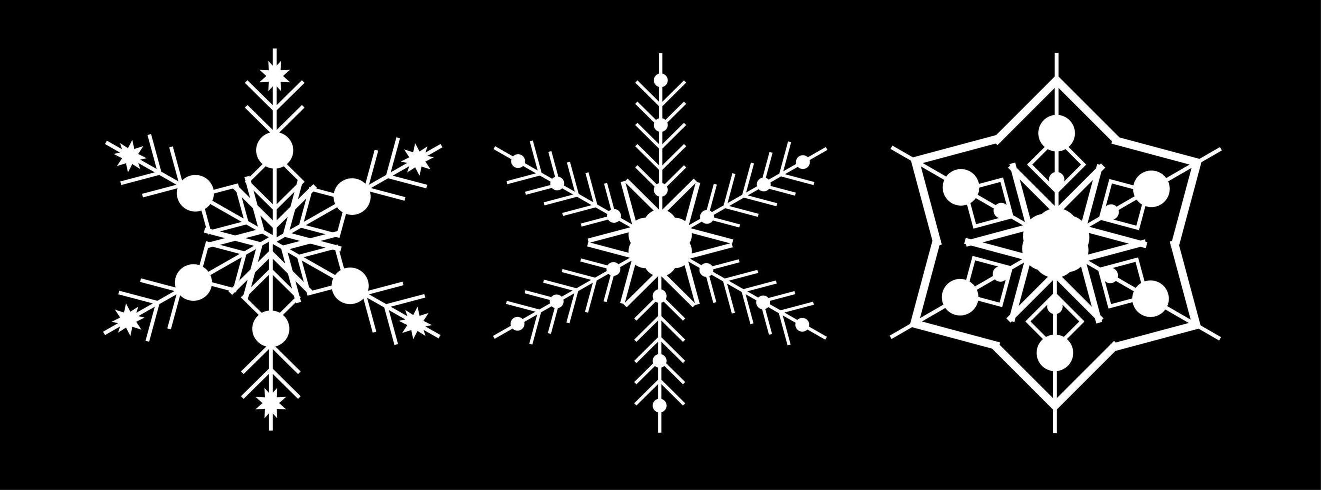 Set white snowflake on a black background. Decor for Christmas and New Year design of cards, banners, websites, icons. Elegant geometric vector linear illustration.