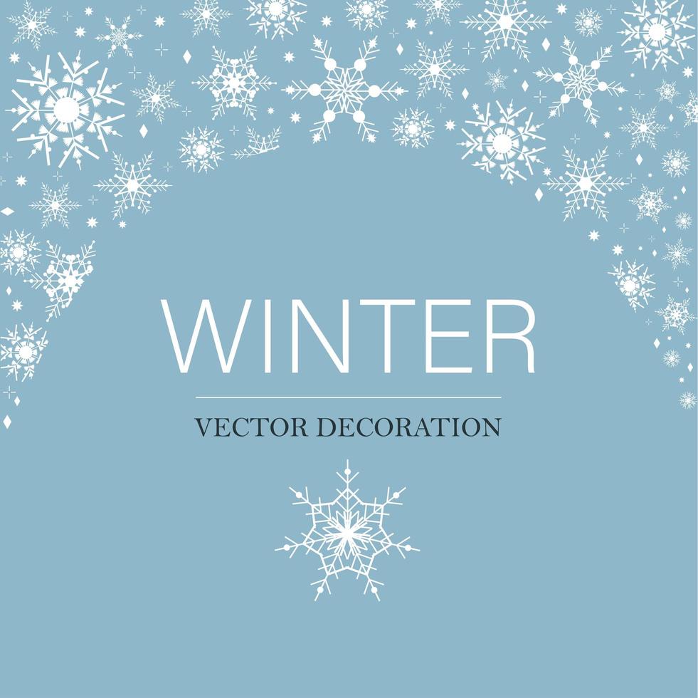 Winter blue sky with falling snow. Snowflake background frame for Merry Christmas and Happy New Year. Elegant geometric vector illustration