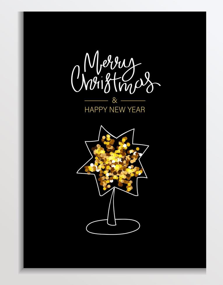 Gold Glitter card with decoration star. Lettering Merry Christmas and Happy New Year. Glittery Background, Greeting or corporate card, poster, holiday cover. Glittering vector illustration