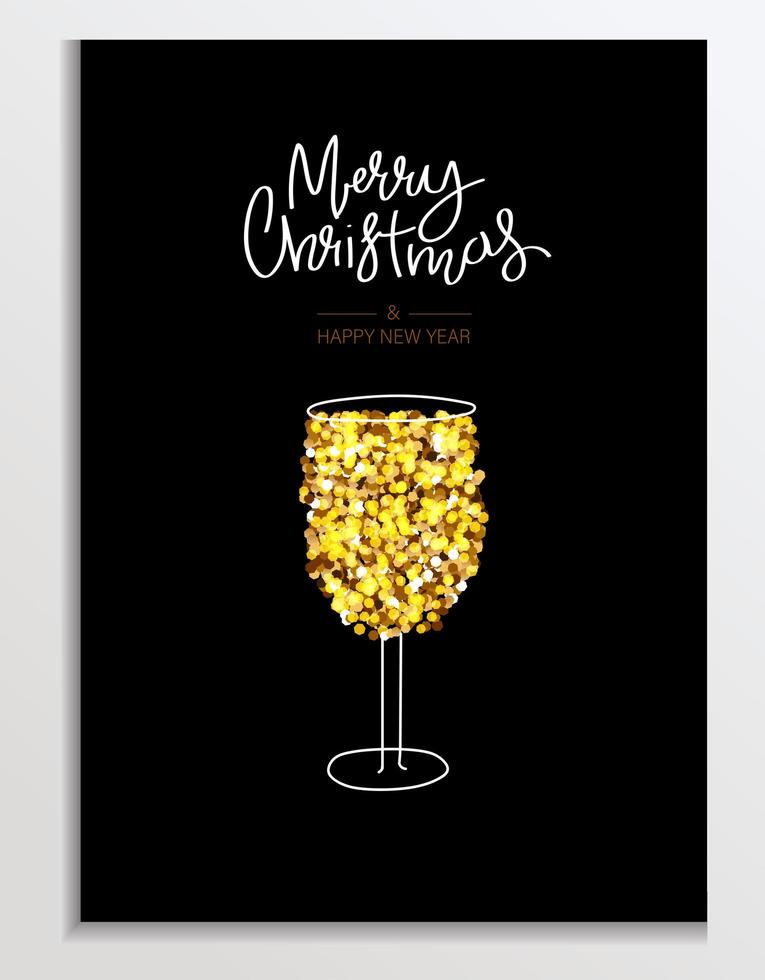 Gold Glitter card with a glass of champagne or sparkling wine. Lettering Merry Christmas and Happy New Year. Background, greeting or corporate card, poster, holiday cover. Vector illustration