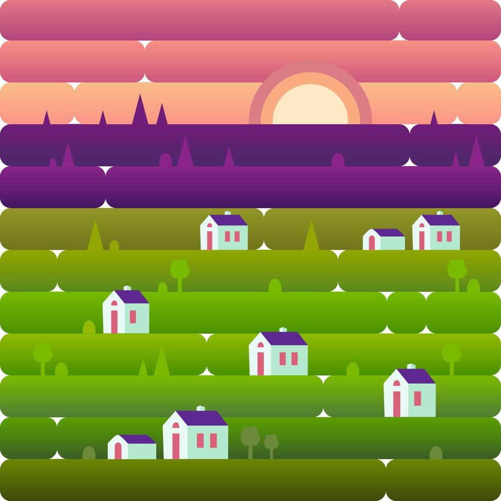 paisaje naturaleza y casitas, el pueblo, el campo en las colinas al atardecer. atardecer. ilustración vectorial en estilo plano y degradado vector