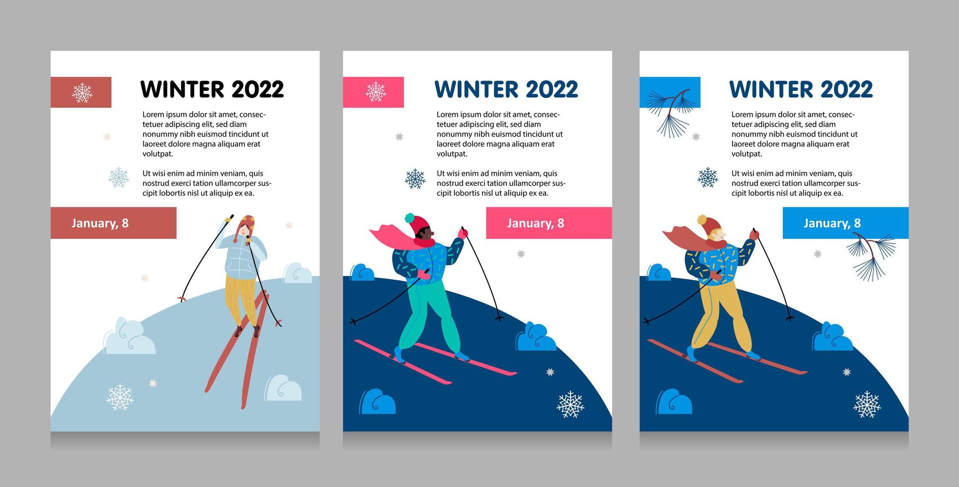 Conjunto de carteles de esquí de deportes de invierno. paisaje de montaña. esquiador en movimiento en invierno. página de plantilla de deportes modernos. concepto de invitación de estilo de vida activo. ilustración de dibujos animados de vector plano