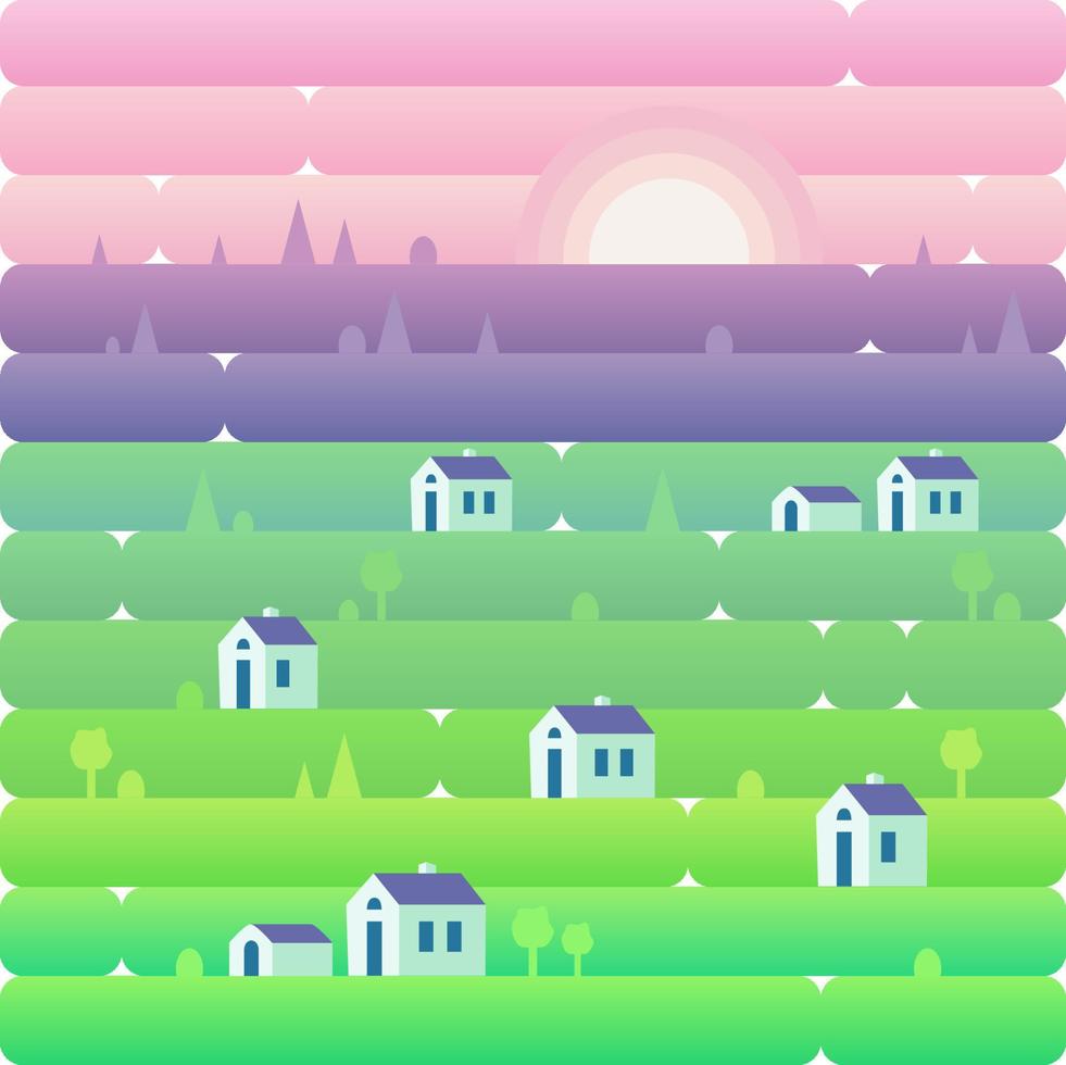 Landscape nature and small houses, village, countryside on the hills in the morning. Sunrise. Vector illustration in flat and gradient style