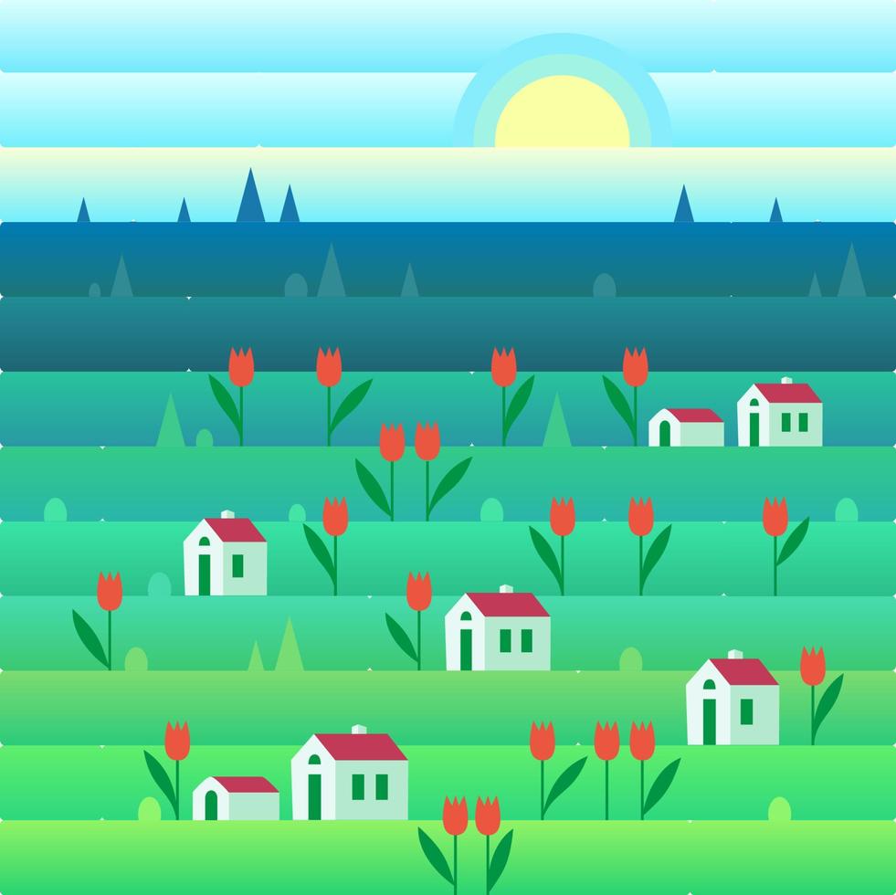 paisaje de campo en la naturaleza con flores y cielo azul. ilustración vectorial en estilo plano y degradado vector