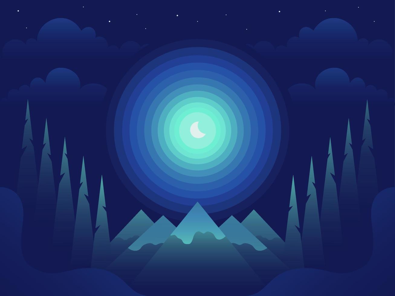 Mountain landscape at night with blue sky and shining month. Vector illustration in flat gradient style