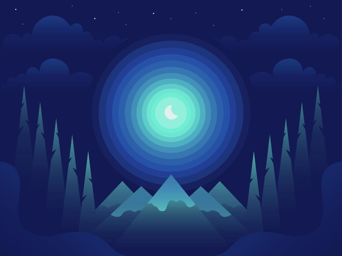 Mountain landscape at night with blue sky and shining month. Vector illustration in flat gradient style