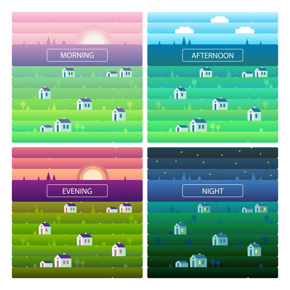 Set of landscapes of countryside and nature. Morning, evening, noon, night, sunset, dawn. Houses, green grass and sky. Vector illustration in flat and gradient style