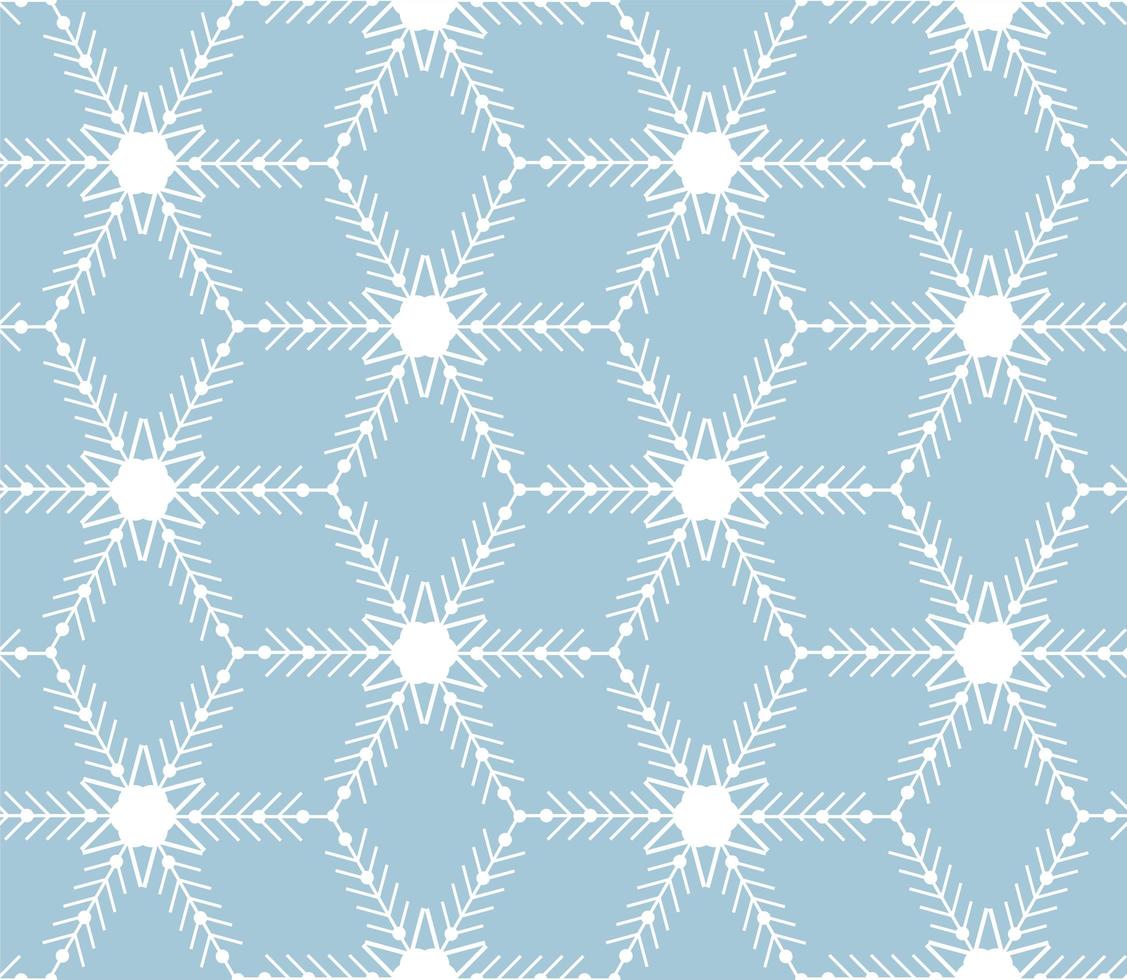 Winter Seamless Pattern Snowflakes in geometric style, white on a blue background. Decor for Christmas and New Year. Design of textiles, wrapping paper, cards, banners. Vector illustration