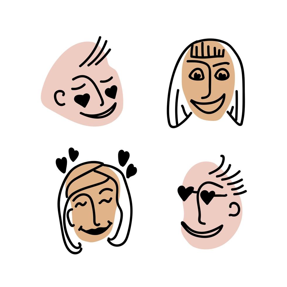 Doodle People in Love. Faces with emotions of love, happiness, flirting, romance. Icons for Valentines Day. For poster, t-shirts and card. Hand drawn vector illustration