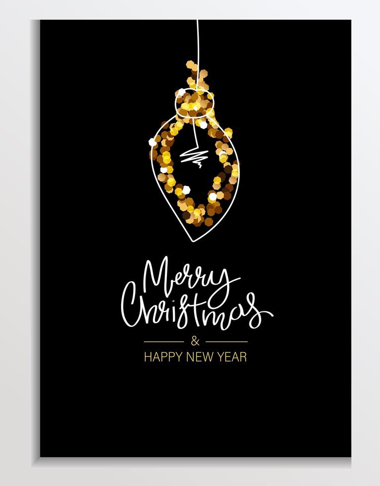 Gold Glitter card with holiday Light bulb. Lettering Merry Christmas and Happy New Year. Glittery Background, Greeting or corporate card, poster, holiday cover. Glittering vector illustration