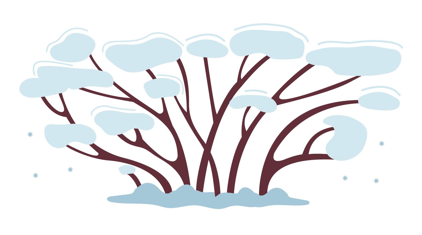 Brown tree or bush in the snow. It grows in winter, the wind blows and bends the branches. Decor for New Year winter design. Simple vector illustration in flat style isolated on white background