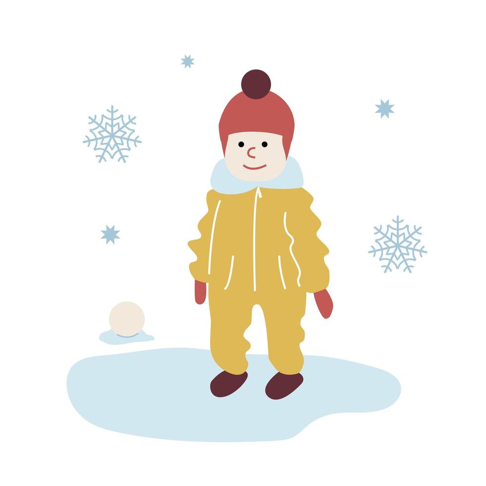 Toddler on a winter walk. A kid in warm winter clothes among snowflakes smiles and learns to walk. Vector illustration in flat style isolated on white background